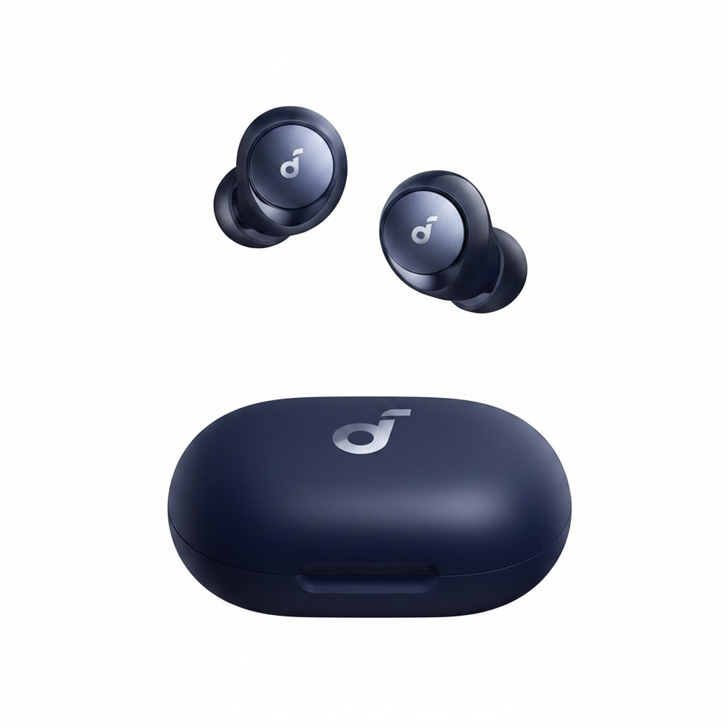 Soundcore Space A40 wireless earbuds with charging case on white background