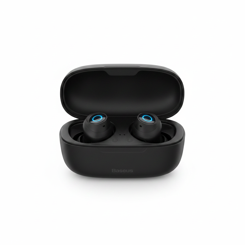 Baseus MA10 wireless earbuds in charging case on white background