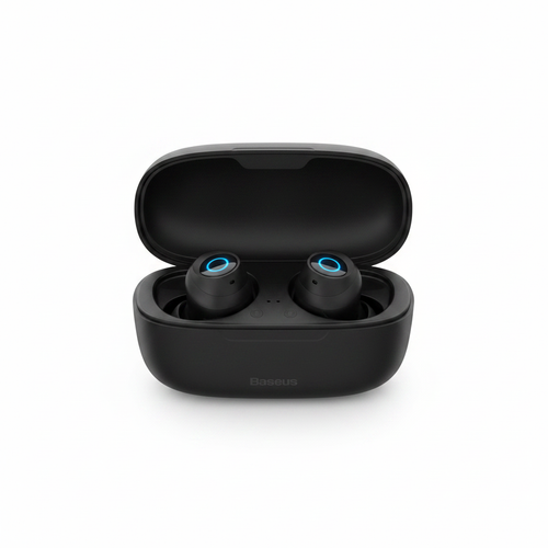 Baseus MA10 wireless earbuds in charging case on white background