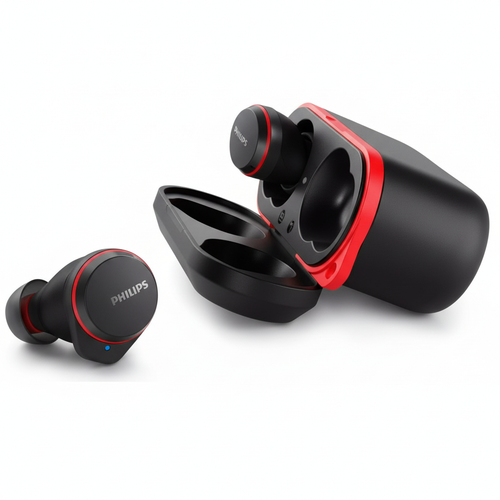 Philips TAA7507BK black and red wireless earbuds with charging case on white background