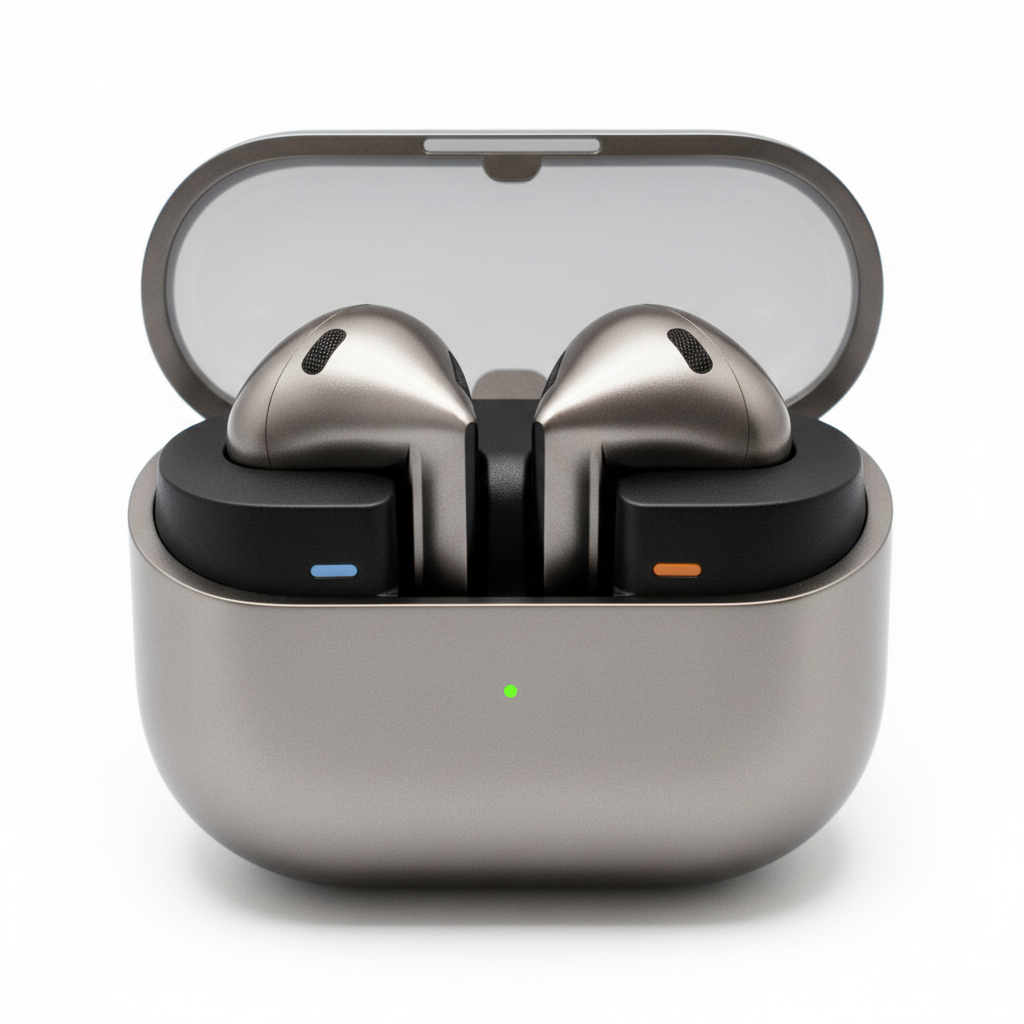 Samsung Galaxy Buds 3 in charging case on white background