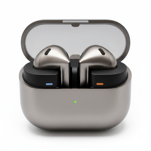 Samsung Galaxy Buds 3 in charging case on white background