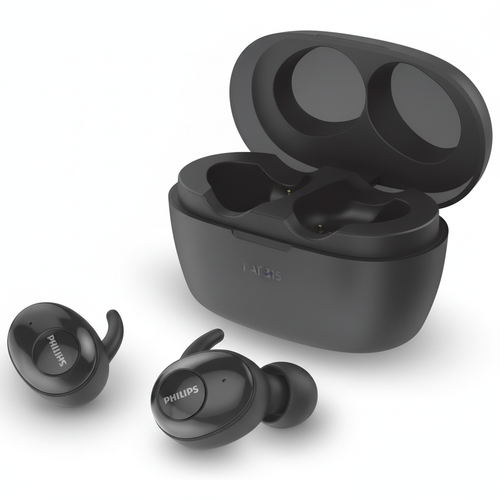 Philips TAT3215 wireless earbuds with charging case on white background